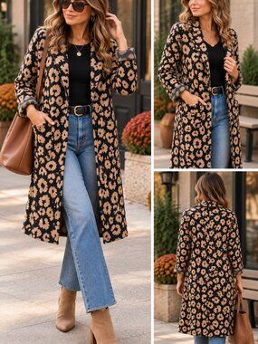 Chérie Collette Leopard Print Long Cardigan Fall Duster Sweater L
